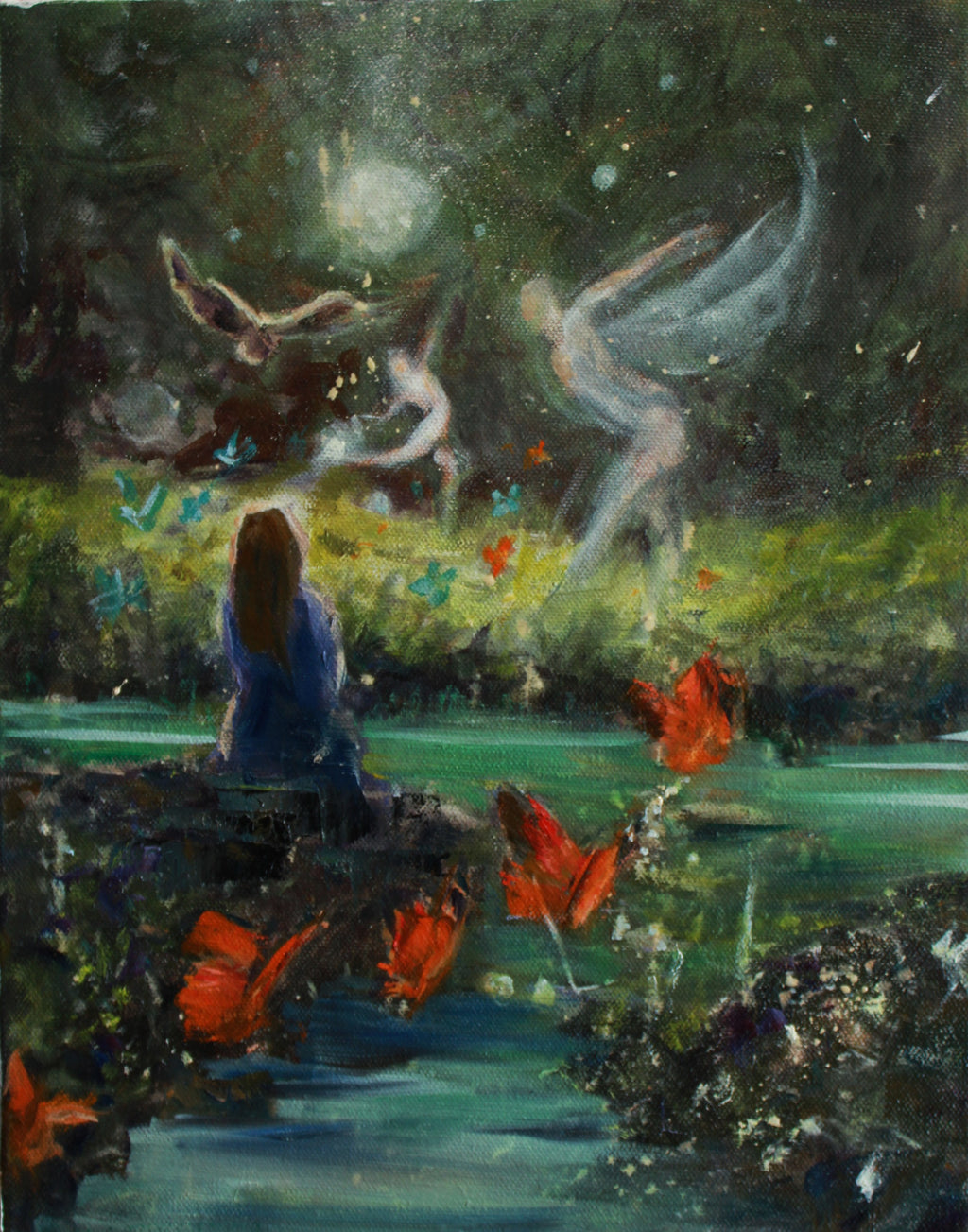 Angels, dreams, stream, butterflies, mystical, storybook, bird, green, blue, orange, purple