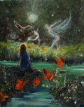 Angels, dreams, stream, butterflies, mystical, storybook, bird, green, blue, orange, purple