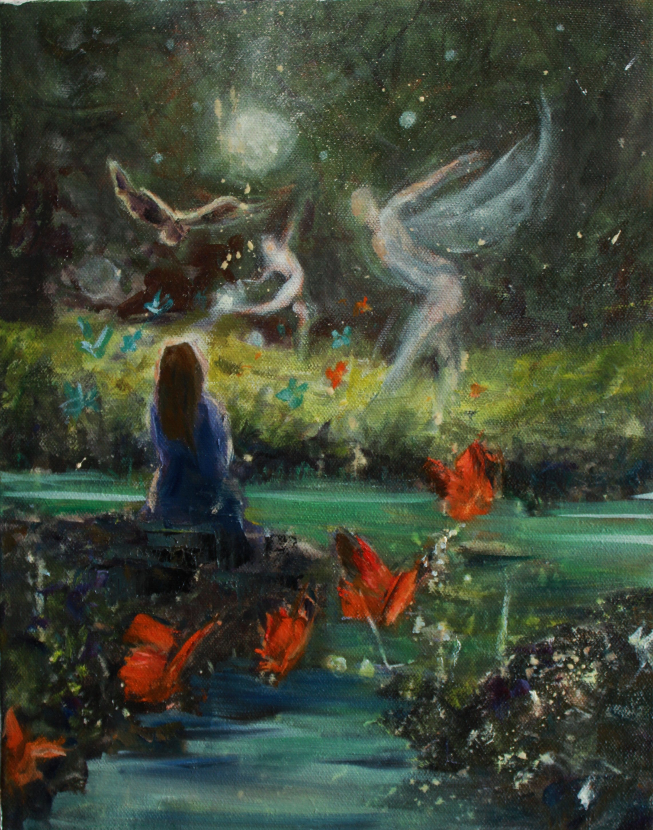 Angels, dreams, stream, butterflies, mystical, storybook, bird, green, blue, orange, purple